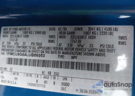 2020 Ford Escape Se z USA, uszkodzony, nr VIN 1FMCU9G64LUB86053